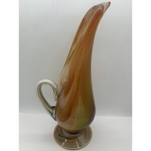 Vintage Mid-Century Art Glass Pitcher Amber And Green Hand Blown 15” Tall